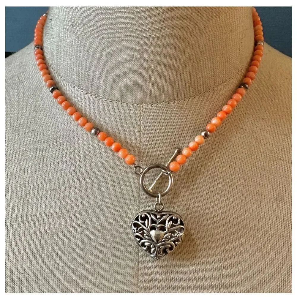 coral beaded sterling silver heart locket pendant necklace